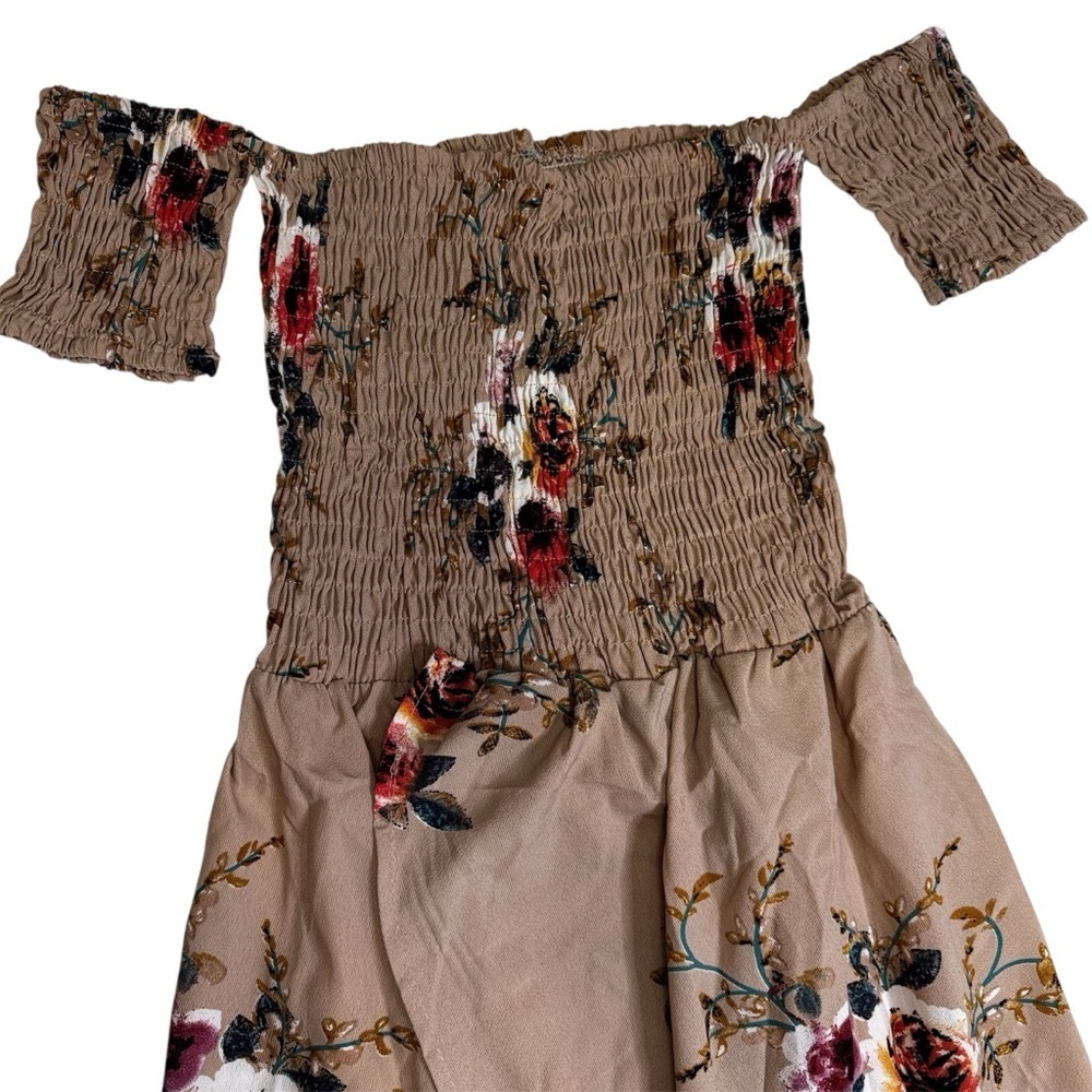 Floral On Off-Shoulder Boho Chiffon Maxi Dress Size S Tan Slit Split Front NWOT - Picture 5 of 12